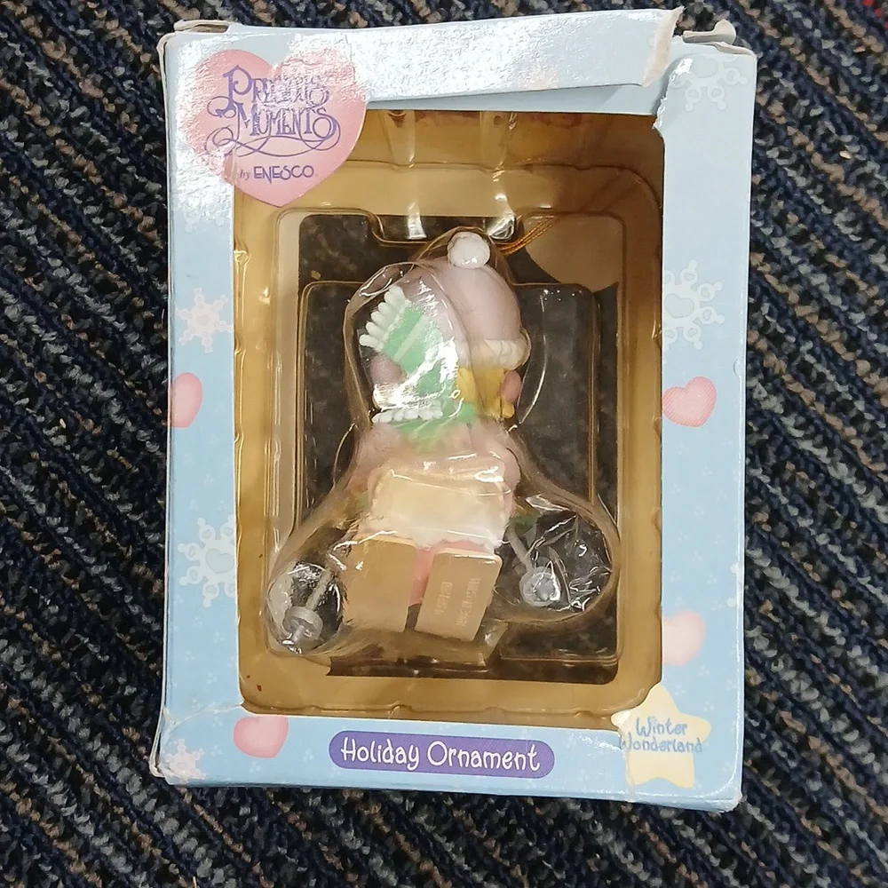 Vintage Precious Moments 1997 Ornament Blond Girl Skiing on Skis Purple Pink